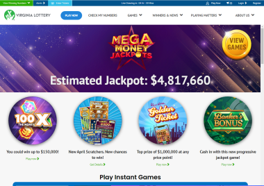 VA Lottery homepage screenshot