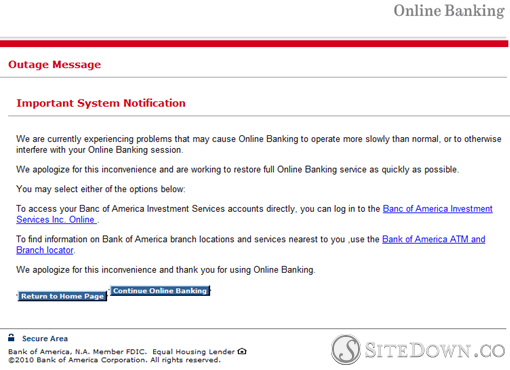 Bank of America outage message