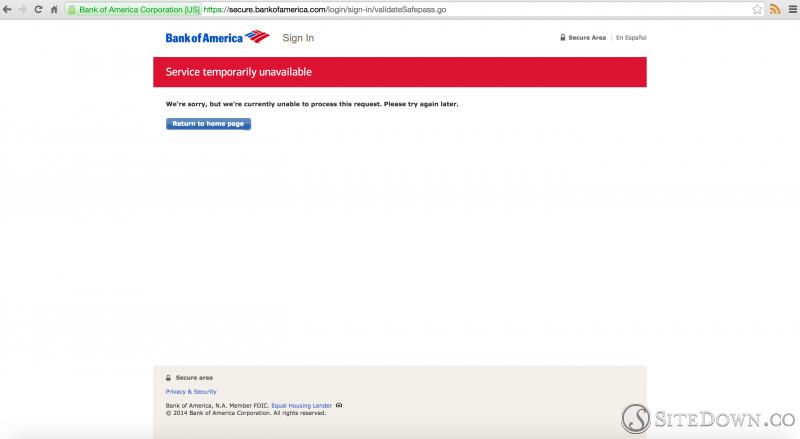 Bank of America website - Service temporarily unavailable