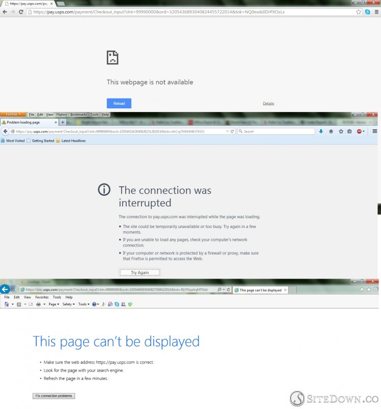 How error pages look in each of 3 browsers