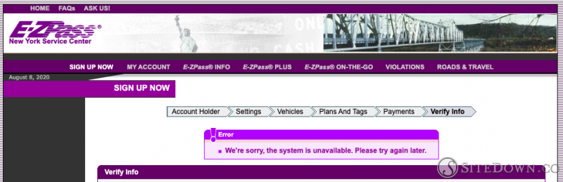 We're sorry, the system is unavailable.  Please try again later.