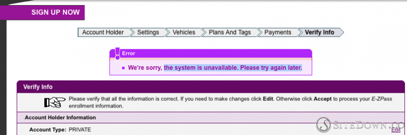 Error message from registration screen