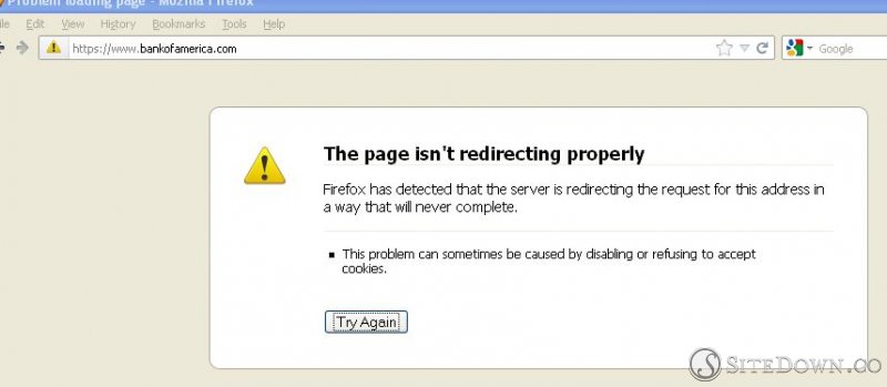 BofA website error "The page isn't redirecting properly"