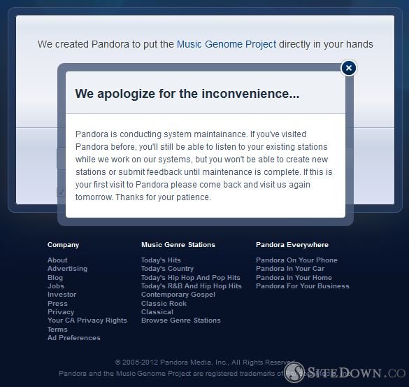 Pandora system maintenance screenshot