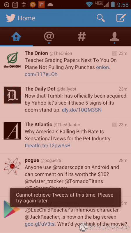 Twitter failure message on Android app