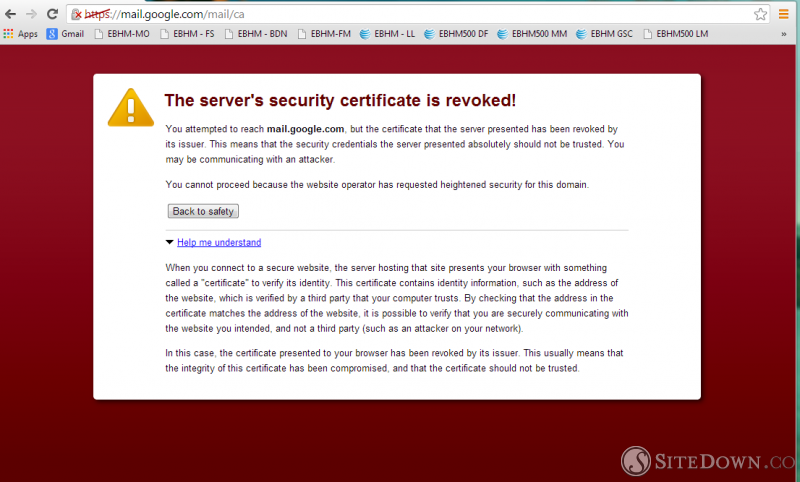 Screenshot of "revoked certificate" message