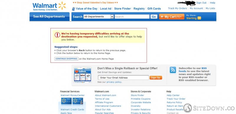 Screenshot of Wal-Mart error